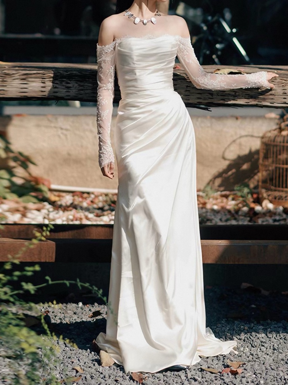 Satin wedding Dress with Lace Sleeves